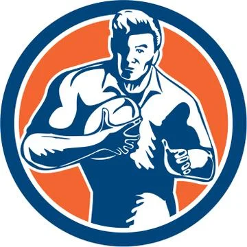 Rugby player running attacking circle retro. Stock Illustration