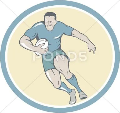 Rugby player running ball circle cartoon Stock Illustration