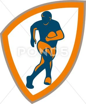 Rugby player running shield silhouette Stock Illustration
