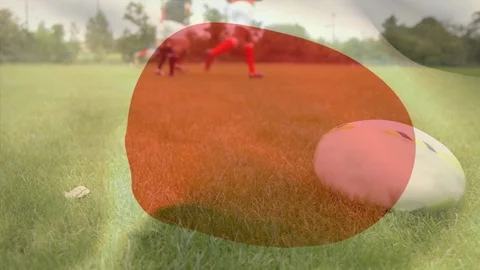 Rugby players doing physical exercises with a Japanese flag on the foreground Stock Footage 103372687
