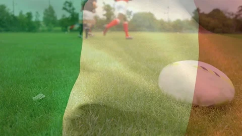 Rugby players doing physical exercises with an Irish flag on the foreground Stock Footage 103377640