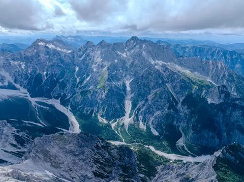 Rugged Alpine Range and Valley Floor Seen from Above Stock Photos