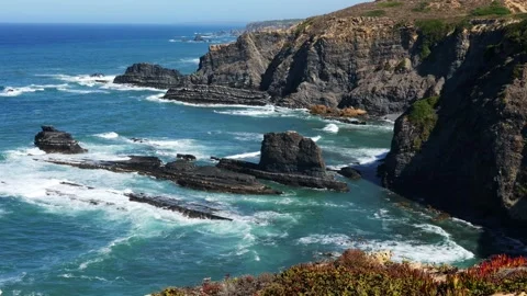 Rugged Cliffs and Wild Atlantic Waves on Portugals Coast Fishermens Trail Stock Footage 319132450
