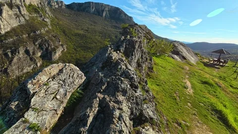 Rugged cliffs frame a winding river valley. Sicevo Gorge, Serbia Видео 332613477