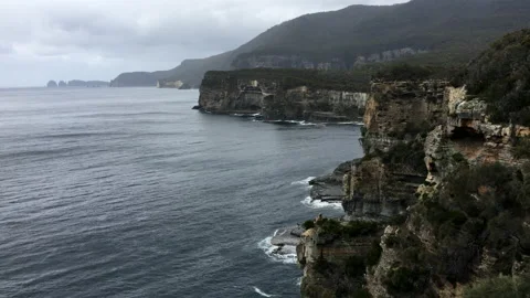 Rugged cliffs overlooking the ocean, Tasman Peninsula.  Stock Footage 159317910