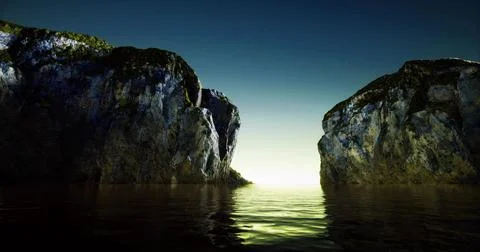 Rugged cliffs reflect sunset over tranquil waters at coastal inlet Stock Illustration