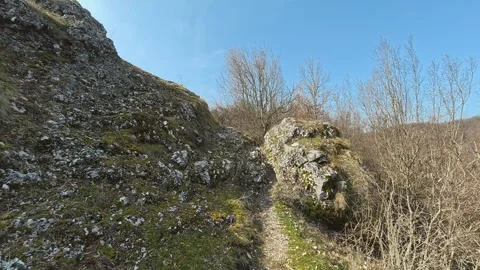 Rugged cliffside path winds through dry grass and bare trees. Mount Rtanj Area Vidéo 331107324