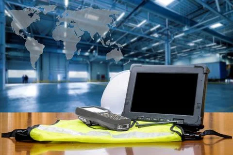 Rugged computers tablet and Bluetooth barcode scanner in front of modern ware Stock Photos