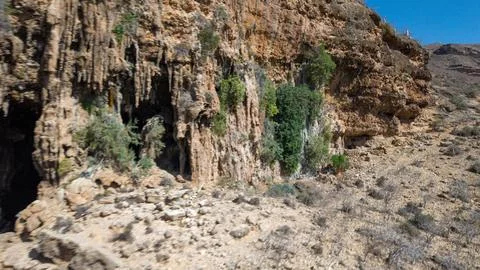 Rugged desert canyon cliff with sparse vegetation and cave. Degub Cave, Sok.. Stock Photos