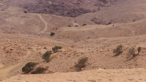 Rugged desert mountain landscape and winding dirt path in Jordan Vidéo 338158133