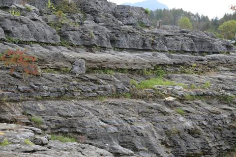 Rugged gray rock formations with sparse vegetation on a hillside Stock Photos