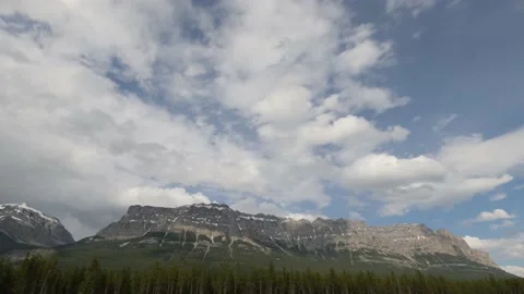 Rugged grey rocky mountain behind a line of green spruce trees Stock Footage 150967337
