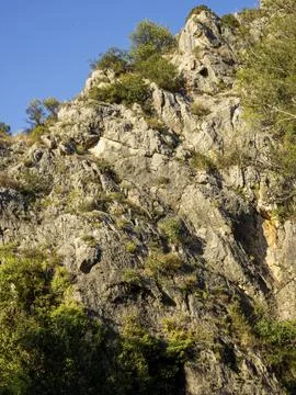 Rugged limestone rock face with sparse green bushes under a blue sky on a s.. Stock-Fotos