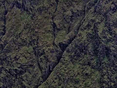 Rugged mountain face, textured with sparse grass and sharp, rocky formation 库存照片