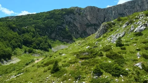 Rugged mountain slopes covered in green grass. Savin Kuk peak, Montenegro Vidéo 342982566