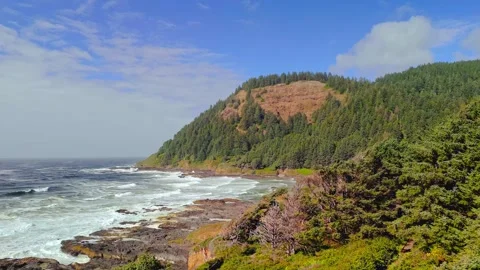 Rugged Oregon coastline featuring crashing pacific ocean waves against forested Stock Footage 343696136