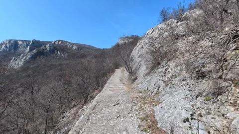 Rugged path winds through barren forested hills. Balkan, Eastern Europe, POV Video stock 331430989