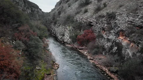Rugged River Cutting Through Rocky Gorge with Autumn Foliage Stock Footage 333605383
