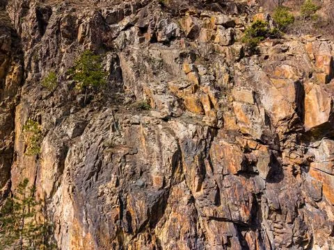 Rugged rock surface with small trees in a mountainous area during the dayti.. Stock Photos