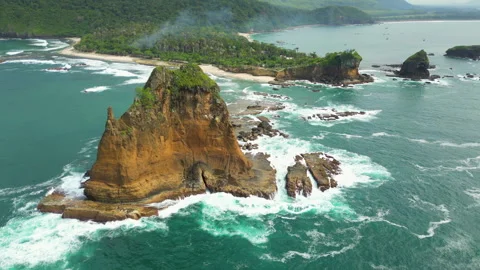 Rugged South Java Coastline Rocky Pantai Papuma Jember Indonesia Drone Track Stock-Footage 345038736