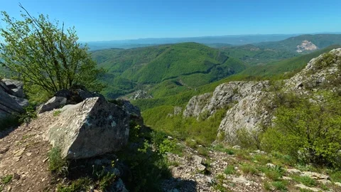 Rugged trail winds through rocky, mossy terrain. Ovcar Kalbar Gorge, Serbia Видео 333842099