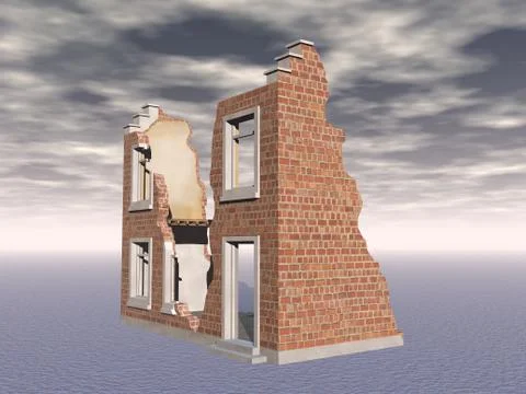 Ruin of a brick house with empty window sockets Illustrazione stock