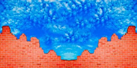 The ruin of brickwall on blue sky background Stock Illustration