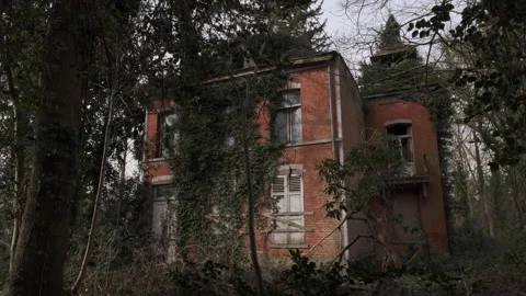Ruin of a Mansion  in a forest tilt down Video stock 171932924