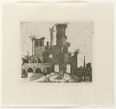 . A ruin with a rectangular tower. In the foreground figures. Copyright: x... 스톡 사진
