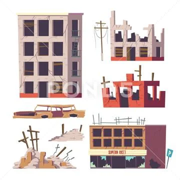 Ruined abandoned houses and car set, old buildings Stock Illustration