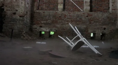 Ruined and abandoned interior, bricks, walls, dolly slider motion Stock Footage 59898352