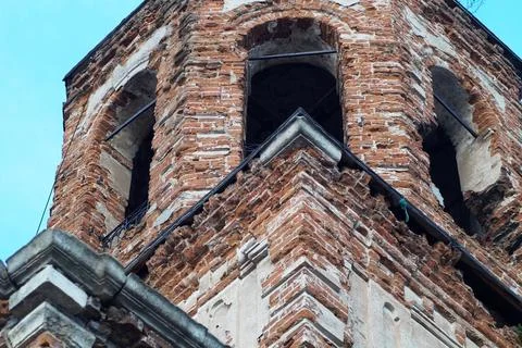 Ruined architectural building without windows, nobody lives Stock Photos