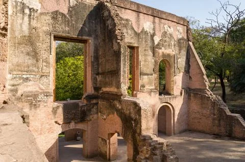 Ruined brick structure with large window openings at the Dr. Fayrers House in Stock Photos