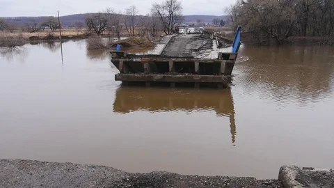 Ruined bridge flood Stock Footage 73949059