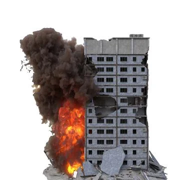 Ruined building in flames isolated on white 3d illustration Stockillustratie