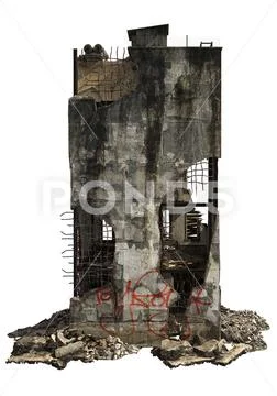 Ruined Building Isolated On White 3D Illustration Stock Illustration
