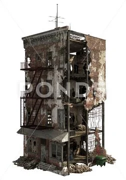 Ruined Building Isolated On White 3D Illustration Stock Illustration