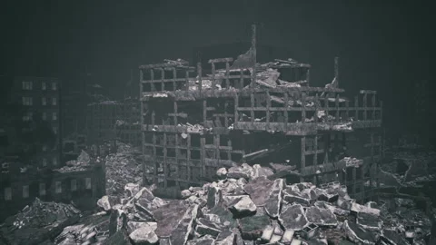 Ruined buildings amidst debris in a post apocalyptic urban landscape Stock Footage 309274357