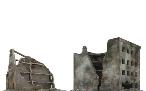 Ruined city building isolated on white 3d illustration Stock Illustration