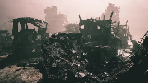 A ruined cityscape filled with crumbling structures, twisted metal, and debris Stock Footage 330069194