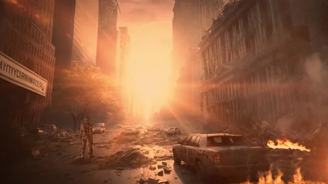 Ruined cityscape on sunset. Back view of soldier. Apocalypse concept Stock Footage 231136346