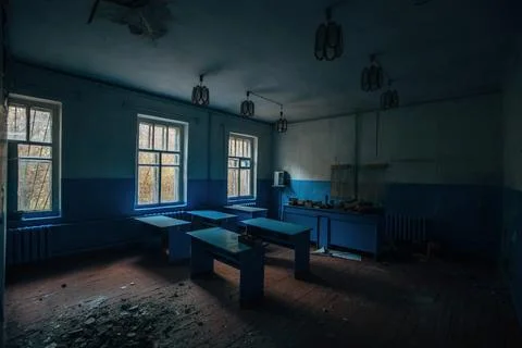 Ruined classroom in abandoned school Stock Photos