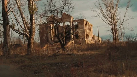 Ruined constructions after war with lot of demolition Stock Footage 98886567