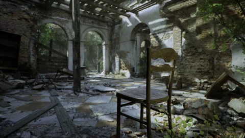 Ruined interior exploration. Dustcovered room with arched ceilings and plants Stock Footage 341822861