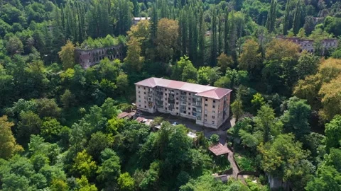 Ruined lost overgrown mining ghost town Akarmara, consequences of war in Video stock 150774657