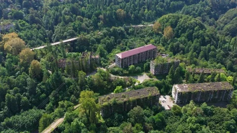 Ruined lost overgrown mining ghost town Akarmara, consequences of war in Video stock 152554540