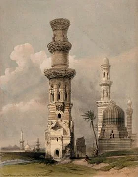 Ruined mosques to the west of Cairo, Egypt. Coloured lithograph by Louis Ha.. Stock Illustration