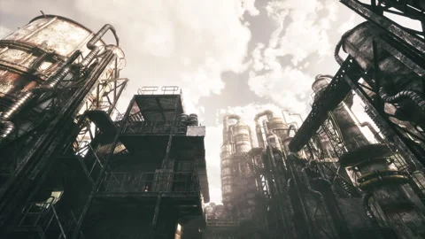 Ruined processing buildings with rust and foggy atmosphere creating dystopia Video stock 331524924