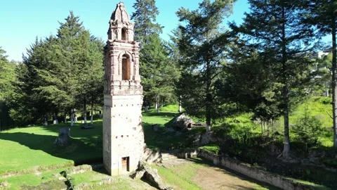 Ruined stone bell tower surrounded by garden ruins in a pine forest Stock Footage 346015681
