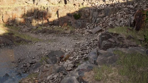 Ruined Stone Wall and Rubble with Rightward Tracking Camera Stock Footage 342331030